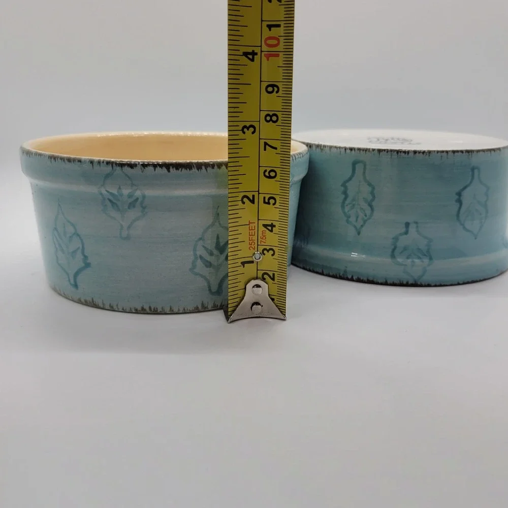 Bella Ceramics Pastis Blue Leaf Ceramic Set of 2 Pet Food Bowls‎ 5 Inch
